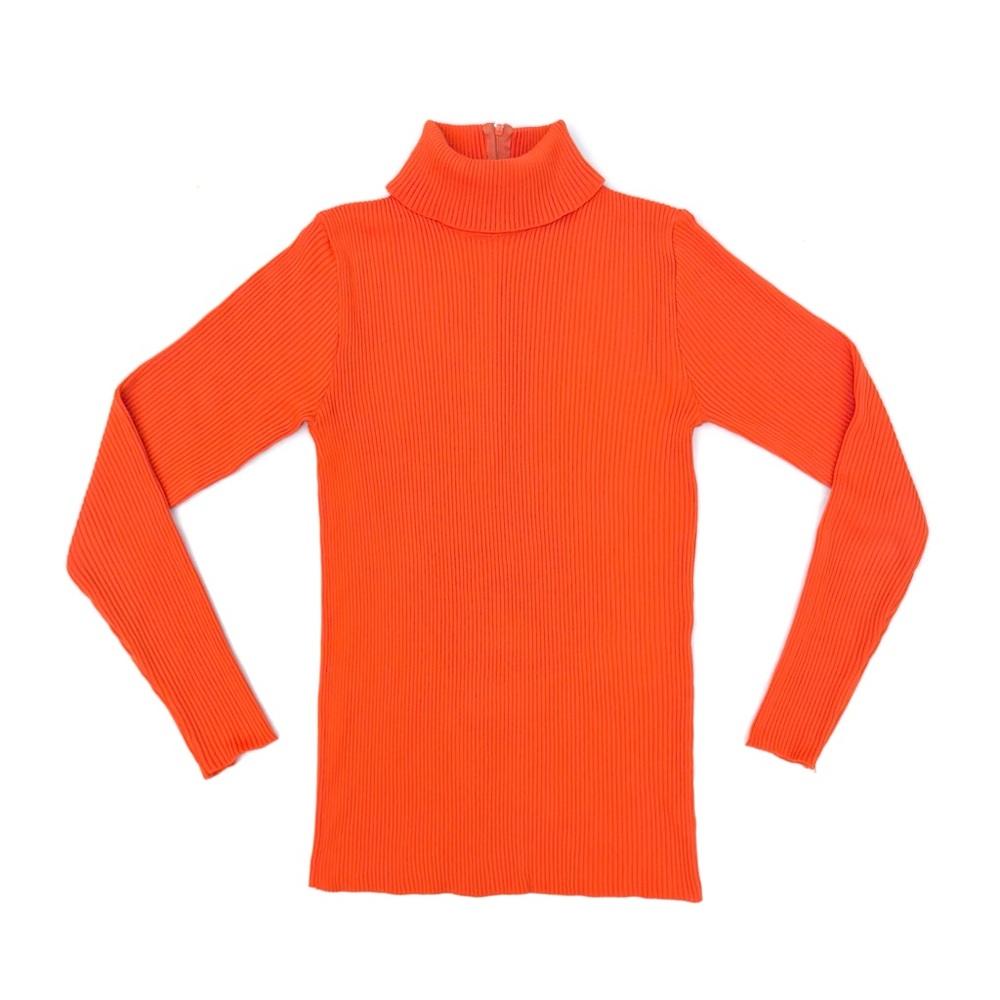 Vintage 70s Jack Winter Vibrant Orange Retro Ribbed Poly Knit Turtleneck Sweater